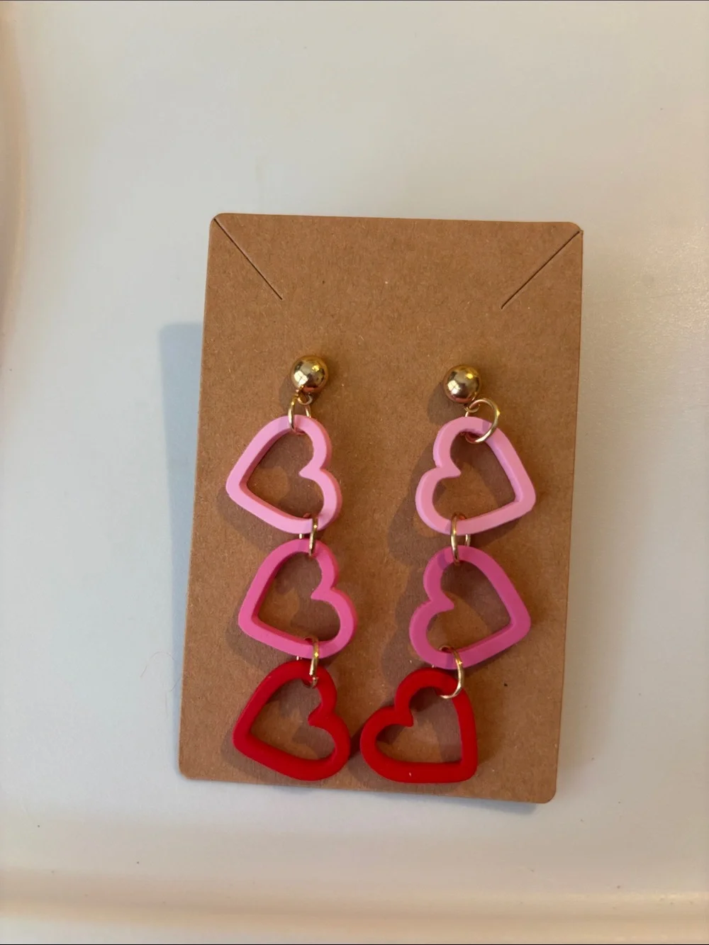 Fashion Jewelry Red, Pink & Light Pink Triple Heart Drop Earrings